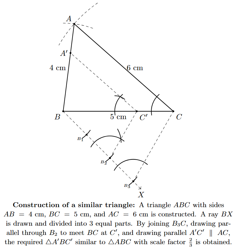 Step 6: A line parallel to AC is drawn from C', intersecting AB at A'. The required triangle A'BC' is formed.